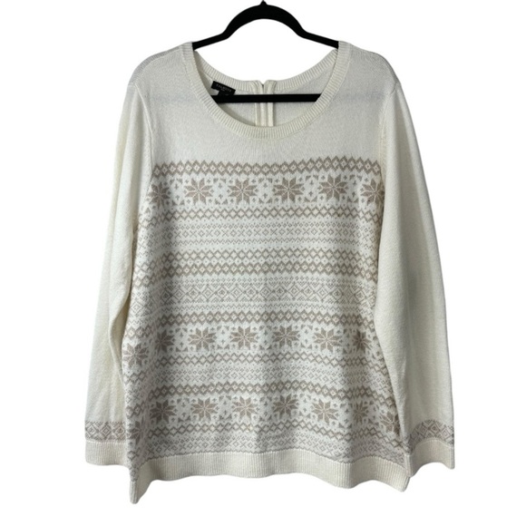 Talbots Size 2X Cream Gold Shimmer Snowflakes Fair Isle Stripes Cozy Sweater - Picture 1 of 6